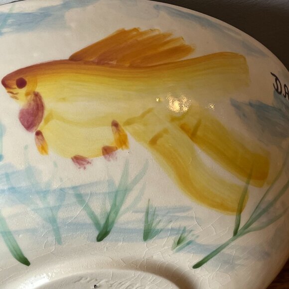 Folk-Art Style Hand-Painted Aquarium Fish Motif Bowl Art Pottery DALLAS 1978 - Picture 3 of 14